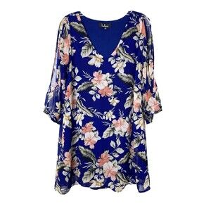Lulus Tunic Dress Size S Blue Floral Slit Long Sleeves Chiffon Mini Office Party
